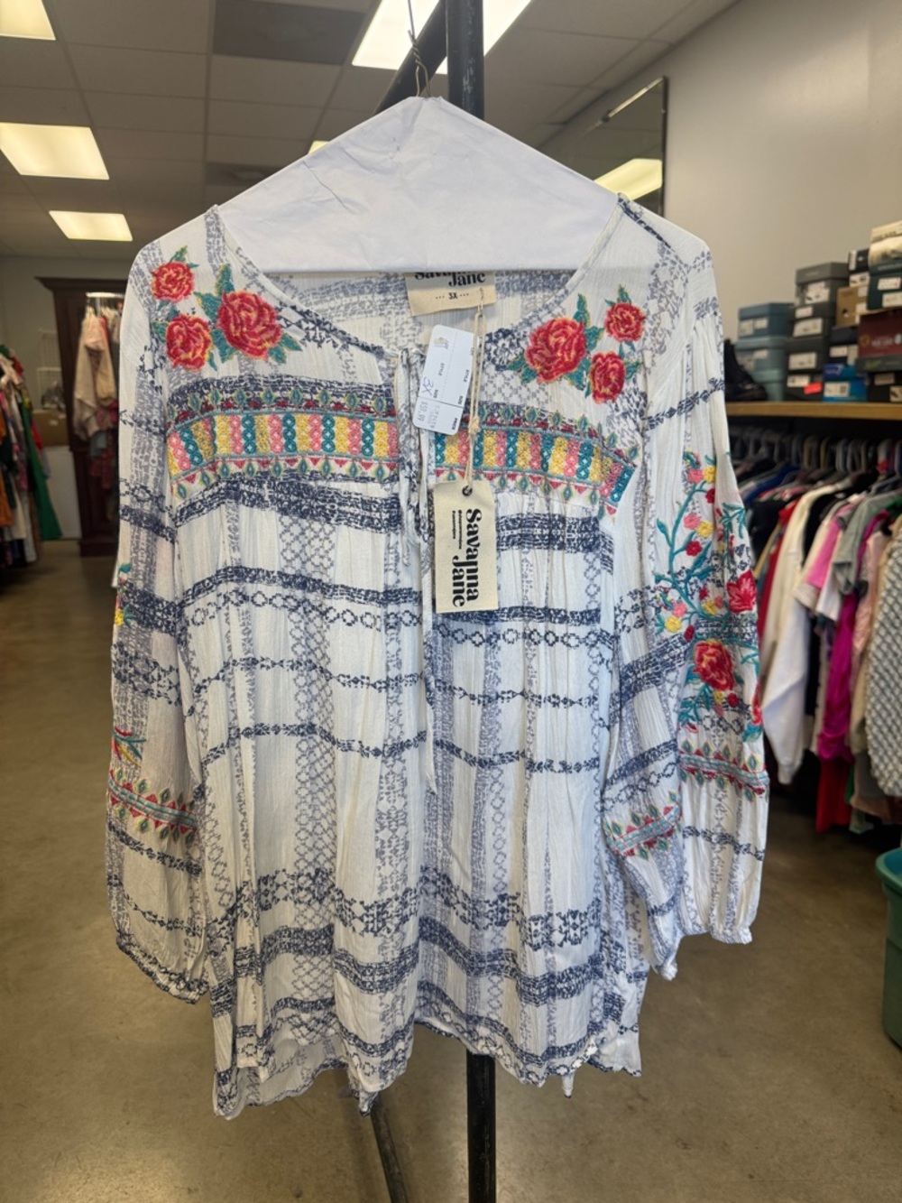 Savanna Jane White Boho Embroidered Peasant Blouse with Red Floral Accents